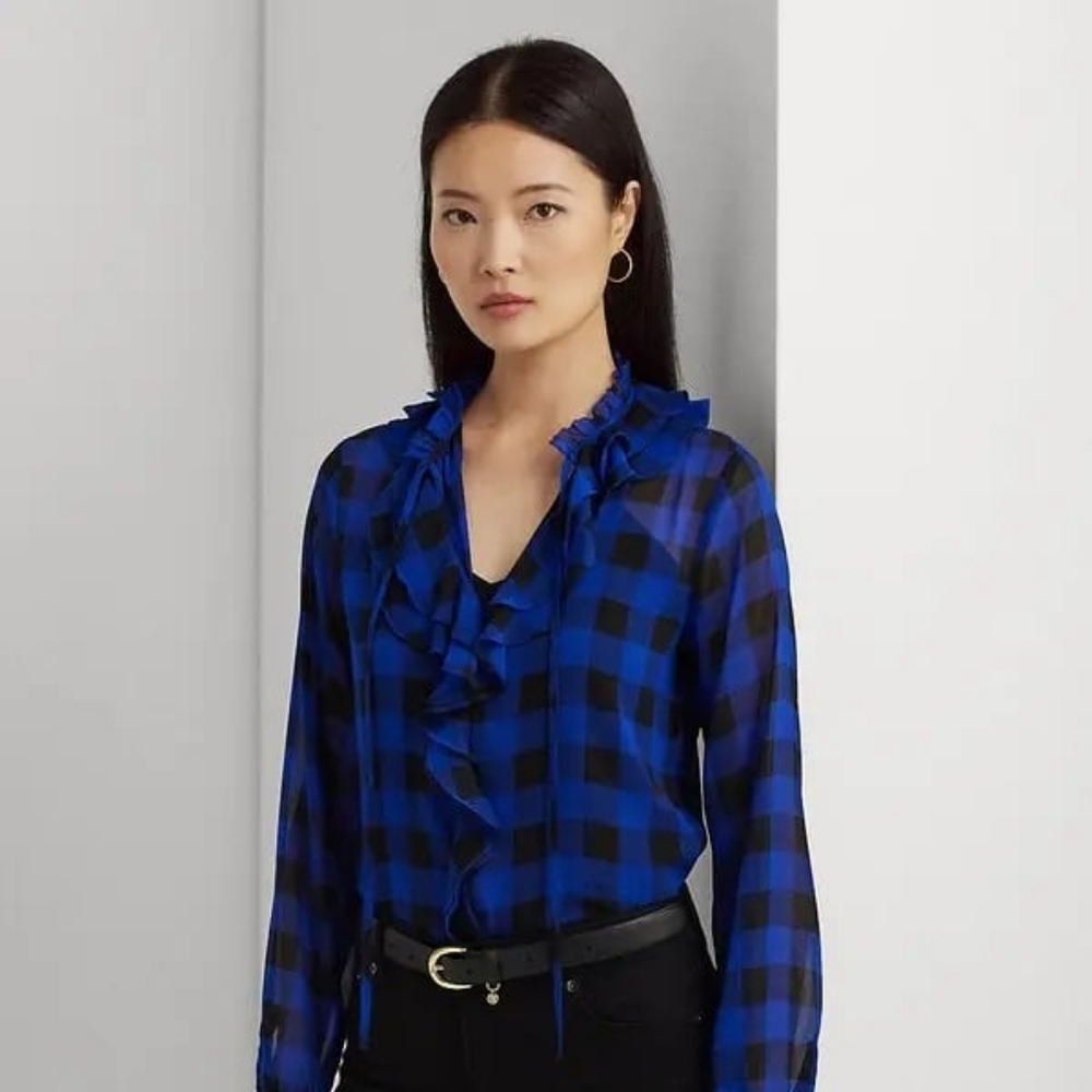 Ralph Lauren Blue Black Plaid Ruffle Button Down Blouse - Size L